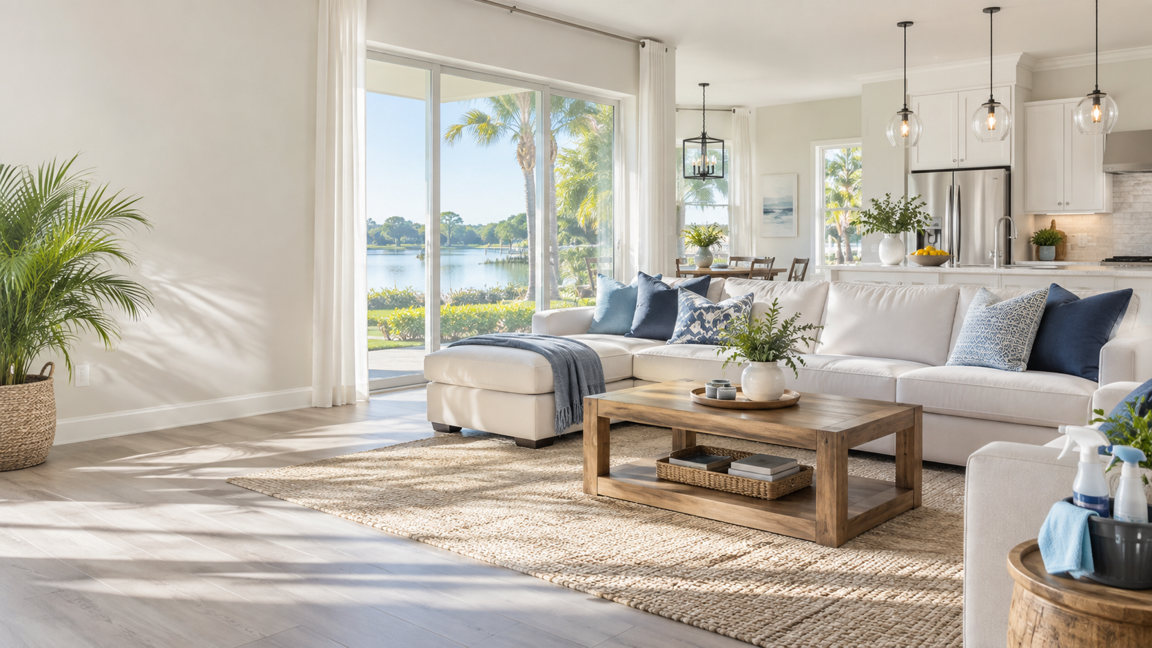 Bright, freshly cleaned Florida living room and kitchen